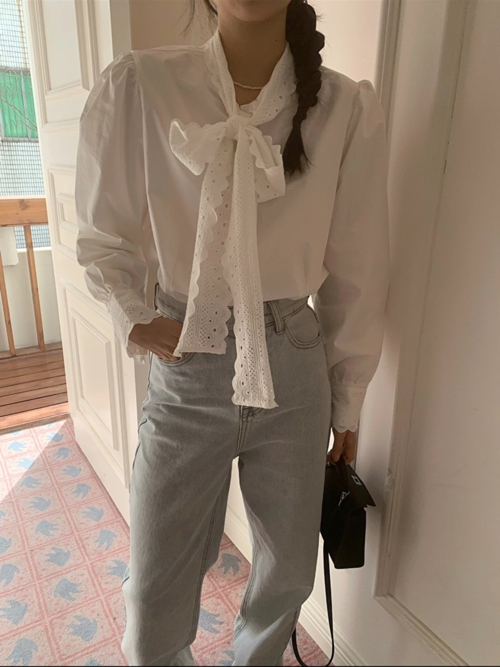 Korean White Eyelet Tie-Neck Blouse